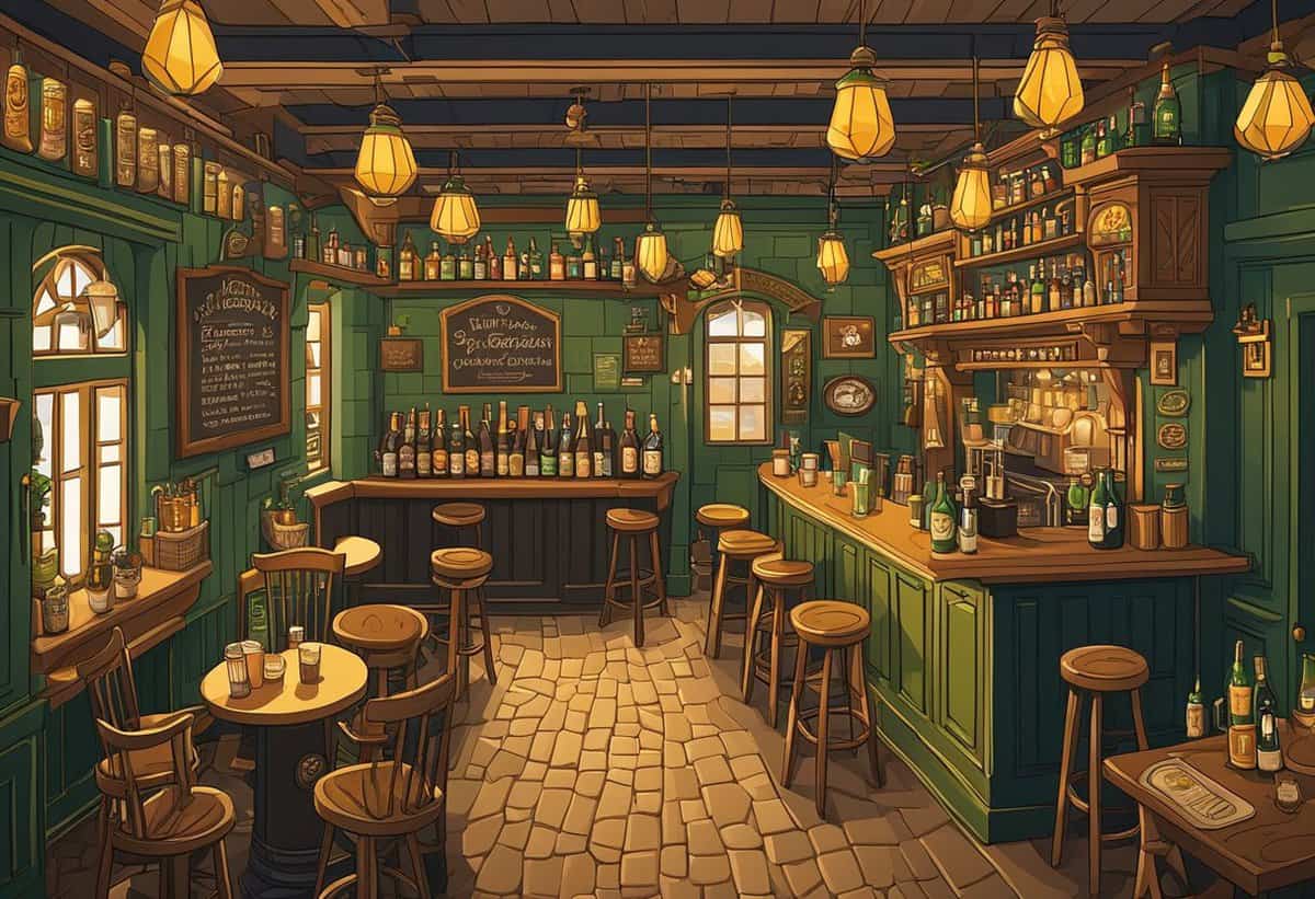An empty, vintage-style pub with wooden bar stools, a variety of bottles on display, and warm lighting from hanging lamps.