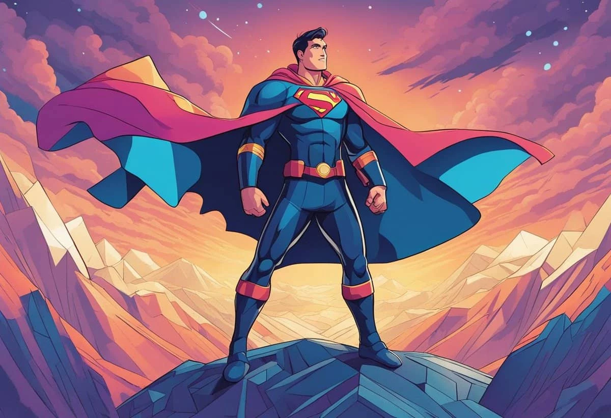Illustration of superman standing confidently atop a mountain with a dynamic sky in the background.