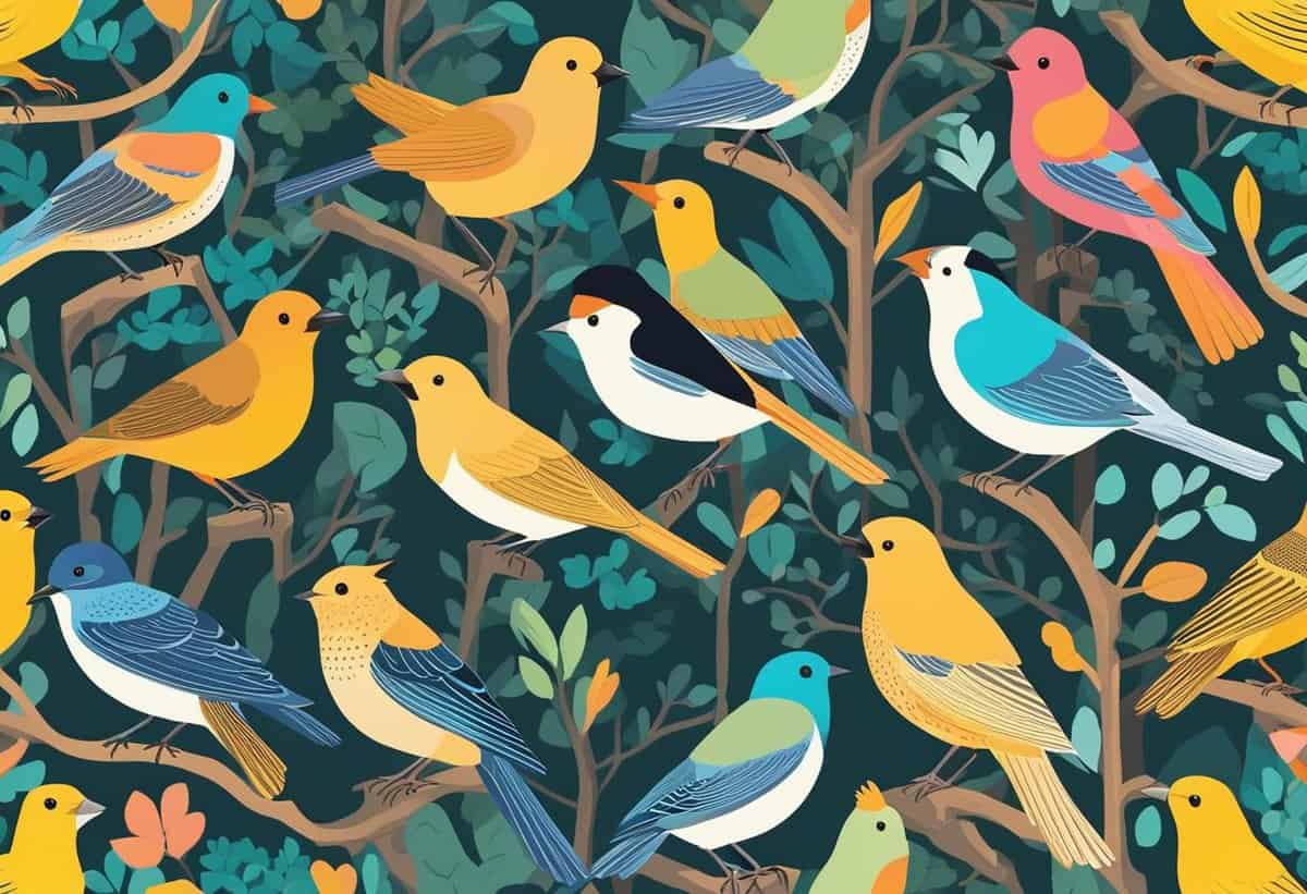 A colorful illustration of various stylized birds perched on branches amidst leaves.