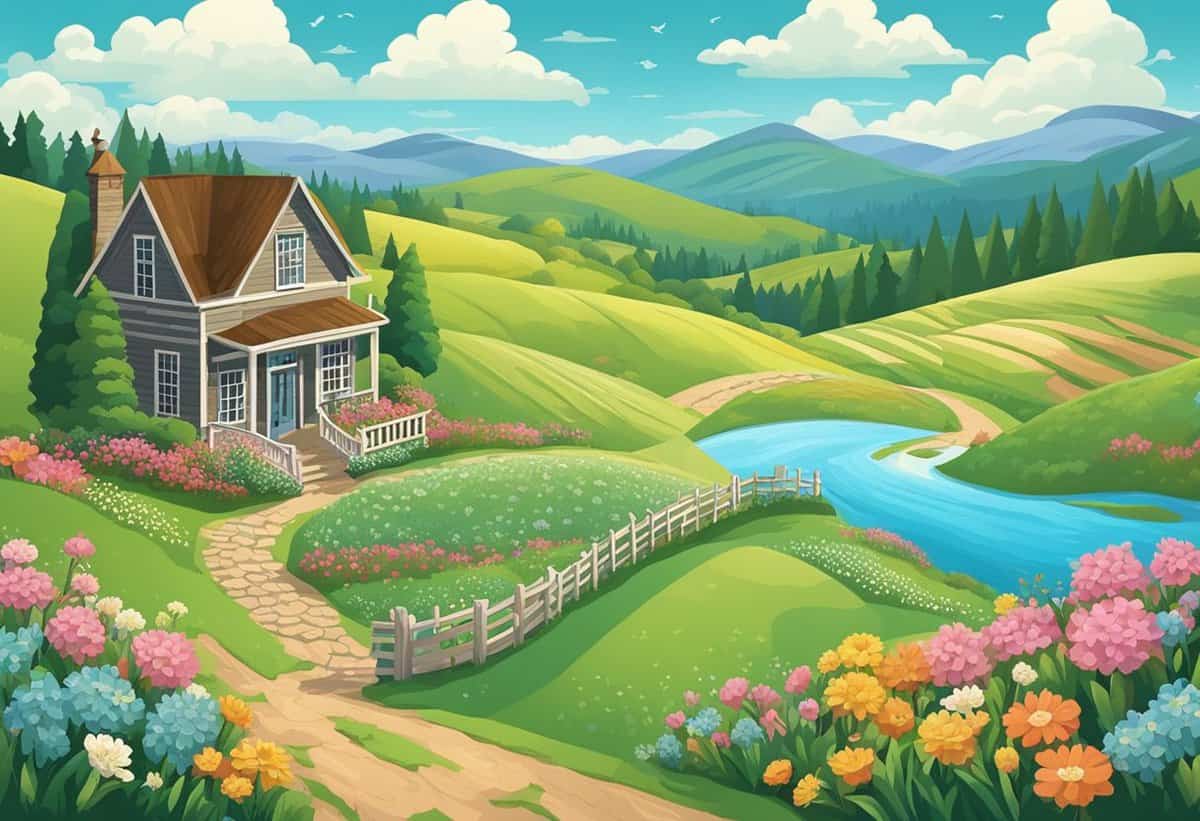 A quaint cottage surrounded by colorful flowers, with a fenced pathway leading to a serene river in a lush green rolling hills landscape.