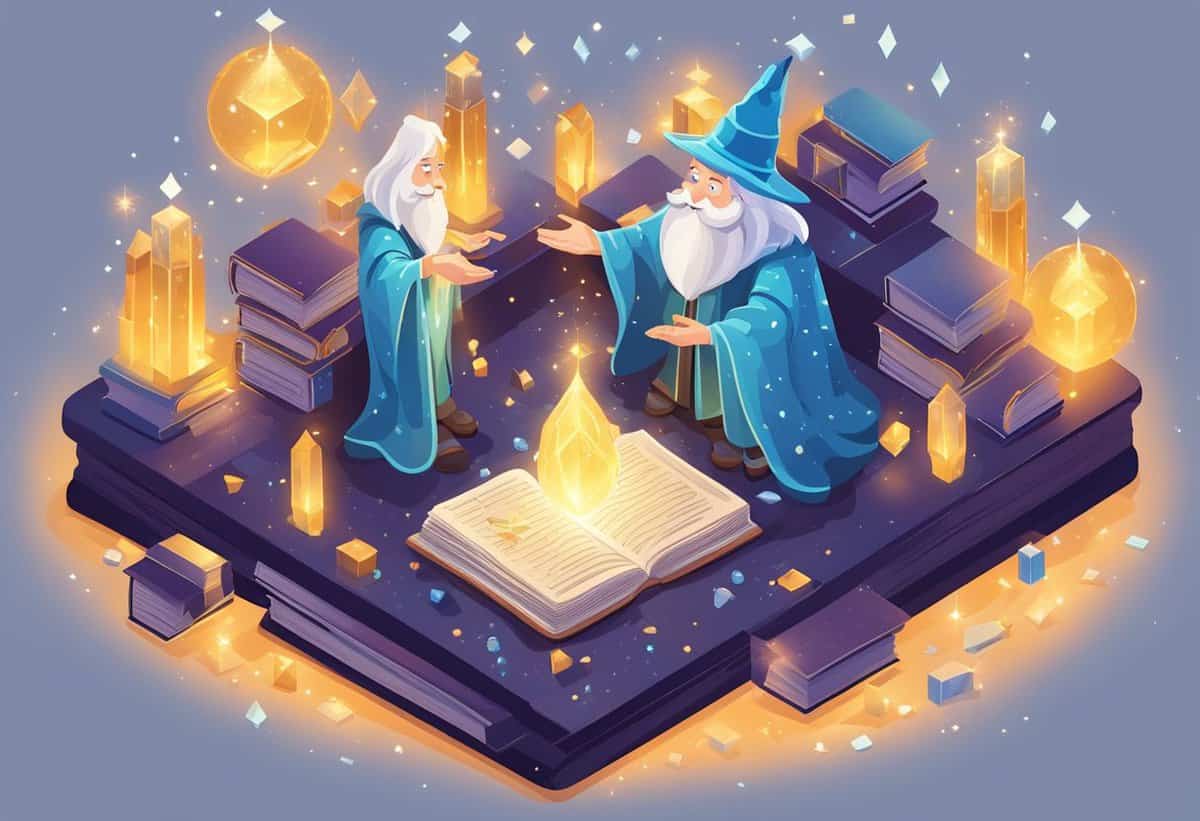 Two wizards in a magical library, engaging with spellbooks and enchanted crystals.