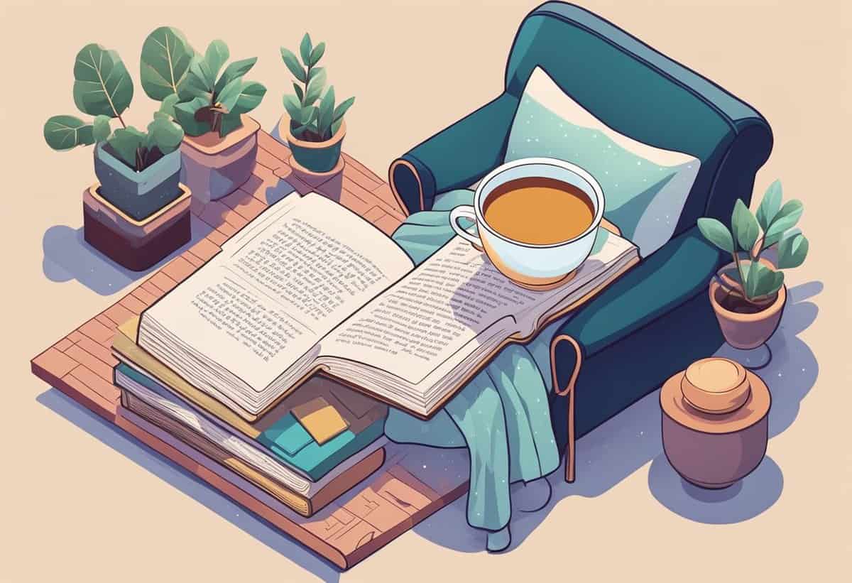 A cozy reading nook with an open book, a cup of tea, and potted plants on a warm afternoon.