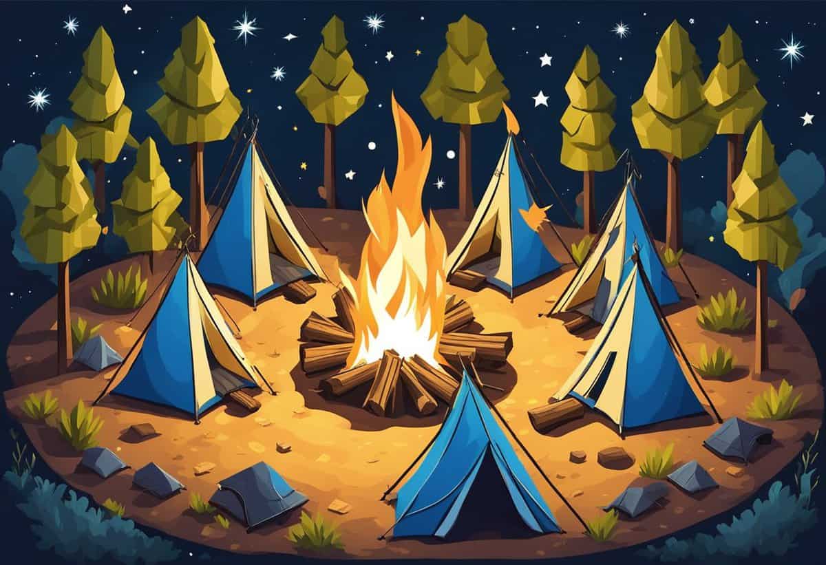 Illustration of a night-time campsite with tents arranged around a central bonfire.