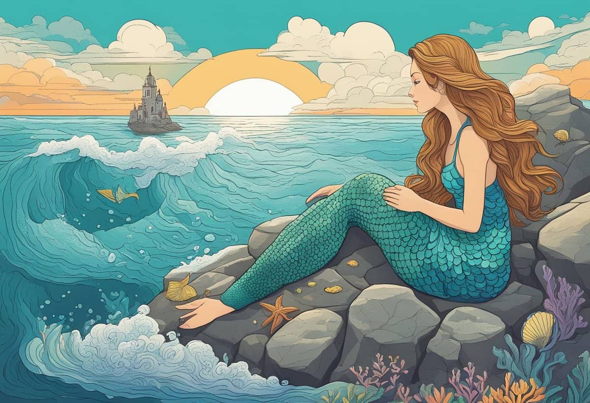 A mermaid sitting on a rocky shore gazing at the sea with a castle in the background during sunset.