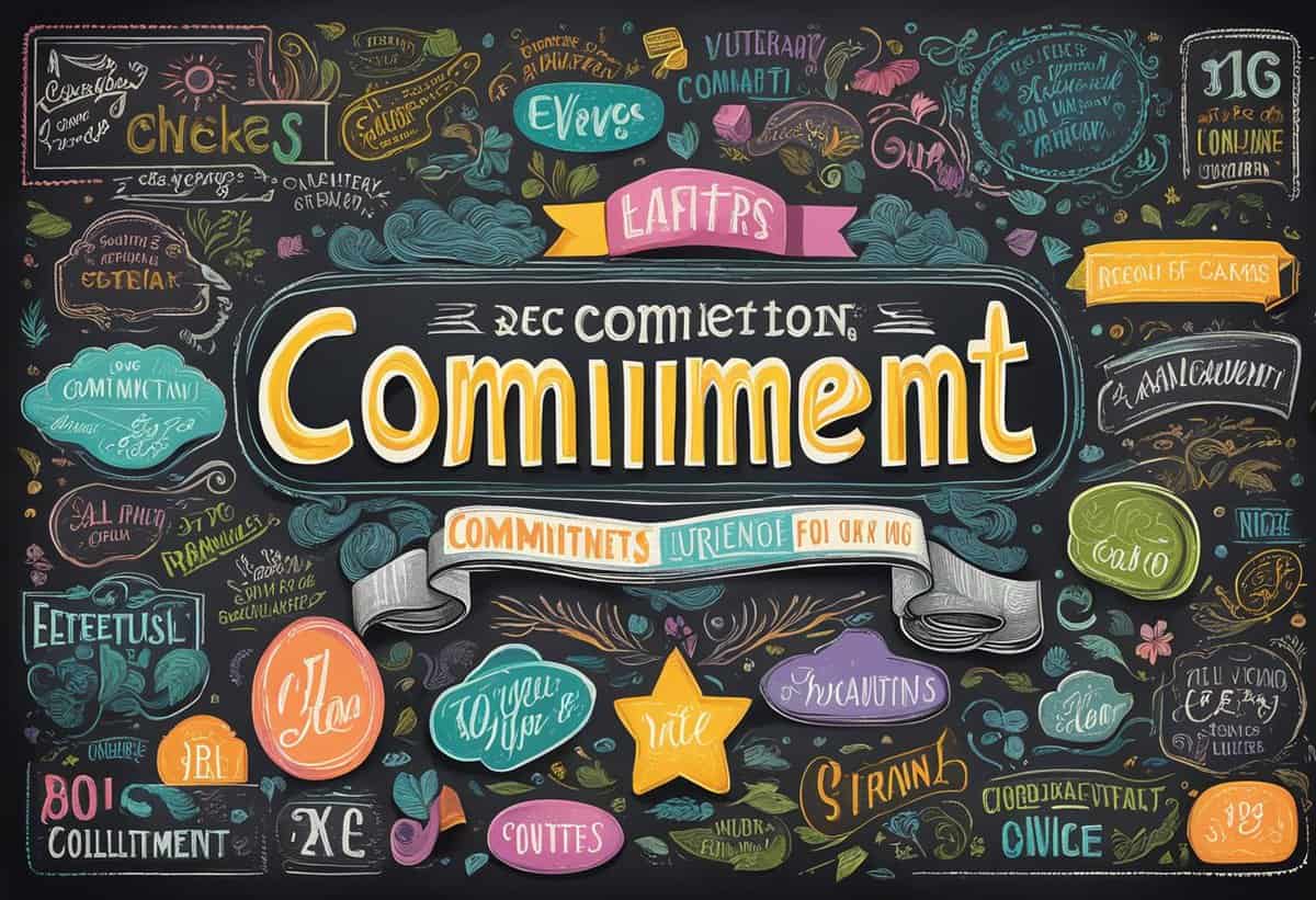 A colorful chalkboard features the word "Commitment" in large letters, surrounded by various motivational phrases and doodles.