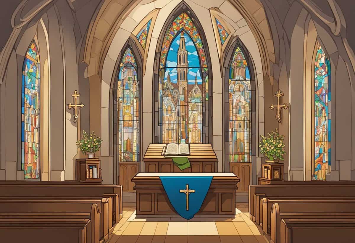 Interior of a church with stained glass windows and an altar with an open book.