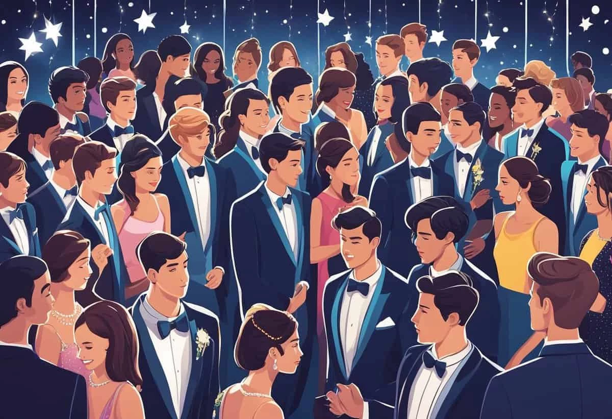 Elegant gathering with individuals in formal attire at a nighttime event.