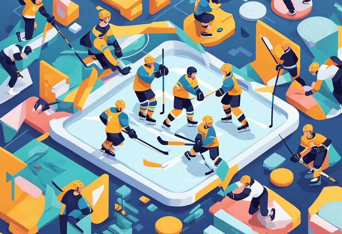 Illustration of an ice hockey game with players in yellow and blue uniforms on a rink surrounded by oversized everyday objects.