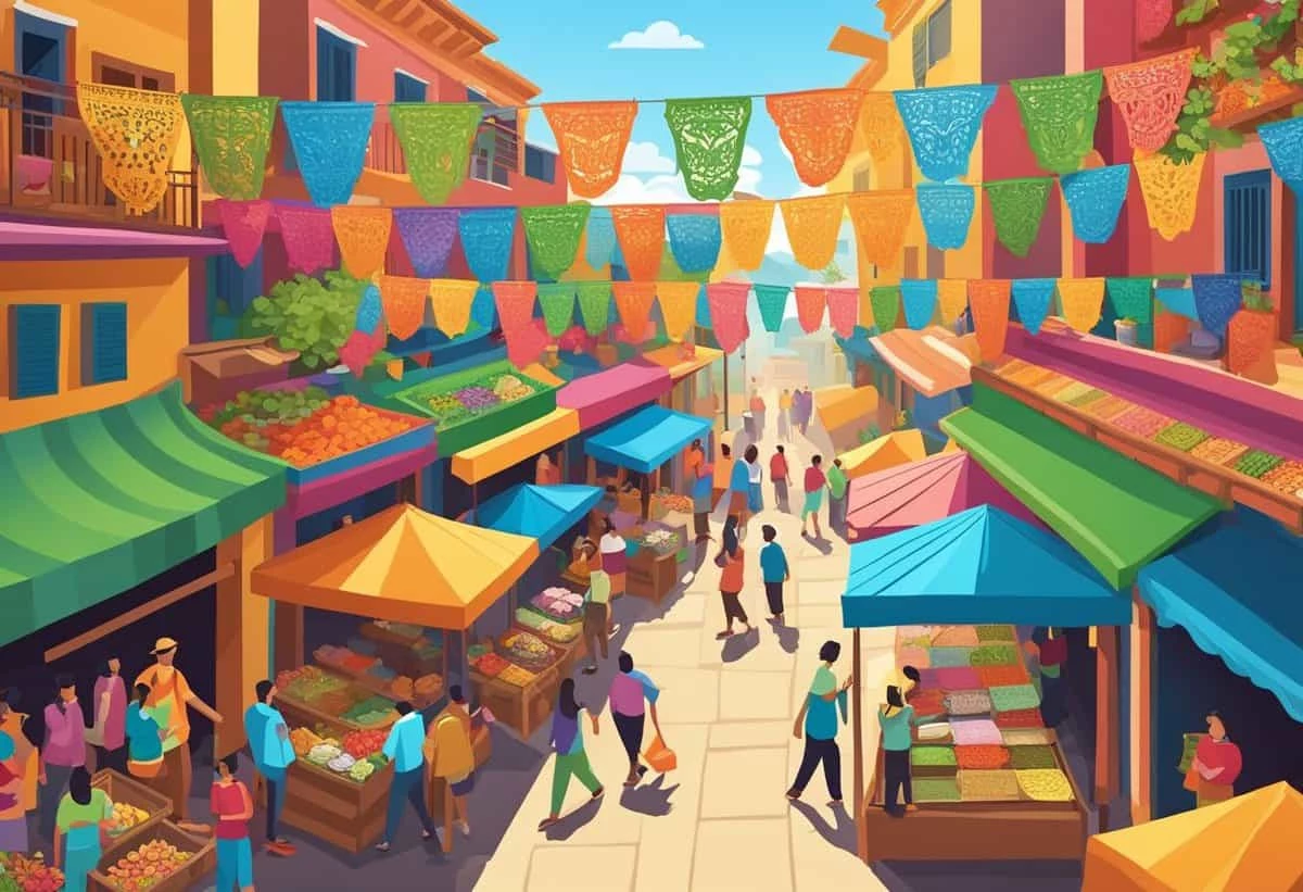 A vibrant outdoor market with colorful stalls and bunting, bustling with shoppers under a clear, sunny sky.