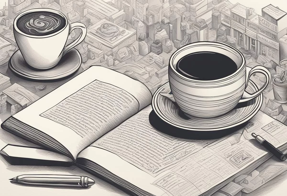 A black and white illustration of an open book, a cup of coffee with latte art, another coffee cup on a saucer, a pen, and scattered newspapers on a table.