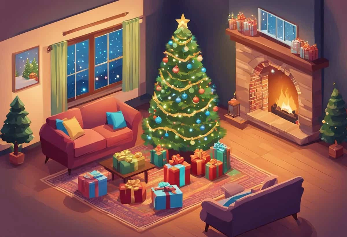 A cozy living room decorated for christmas with a lit tree, presents, and a warm fireplace.