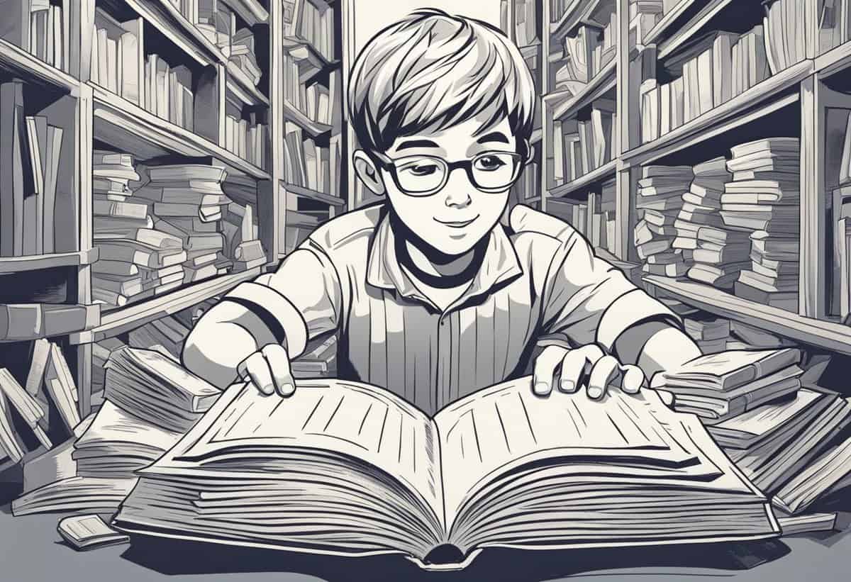 A child with glasses reading a large book in a library surrounded by shelves of books.