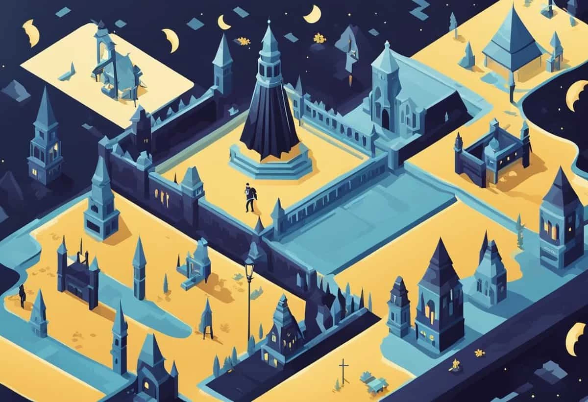An isometric illustration of a fantastical castle at nighttime with a lone figure walking through its expansive courtyard.