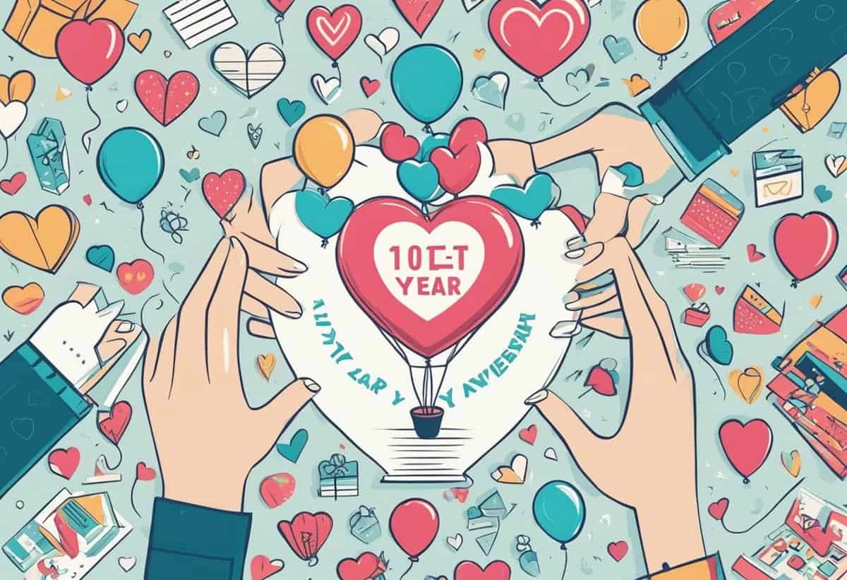 Celebratory illustration with hands holding a heart-shaped balloon, marking a 10-year anniversary, surrounded by icons of love and festivity.