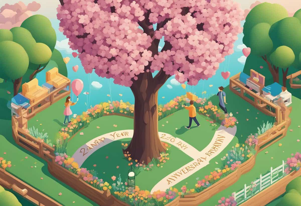 Illustration of a colorful park setting with people celebrating anniversaries marked by signs, amidst vibrant cherry blossom trees.