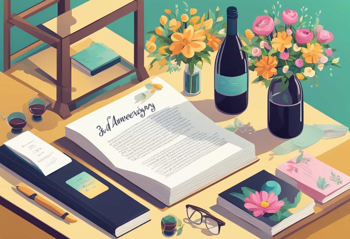A colorful illustration of a desk adorned with an open letter, a bottle of wine, flowers, and stationery items suggesting a celebration of a third anniversary.