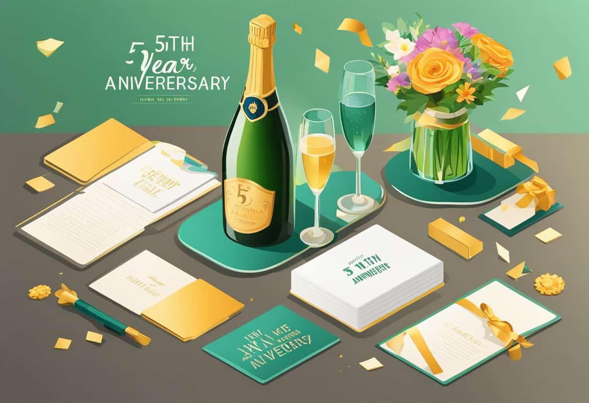 Festive 5th anniversary celebration setup with champagne, glasses, flowers, and themed stationery on a teal background.
