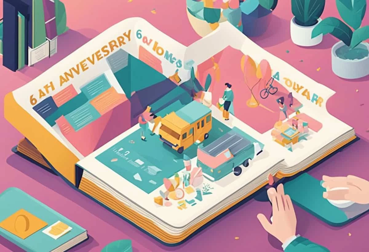 An illustrated open book depicting a 6th anniversary celebration with people, vehicles, and a 3d pop-up cityscape.