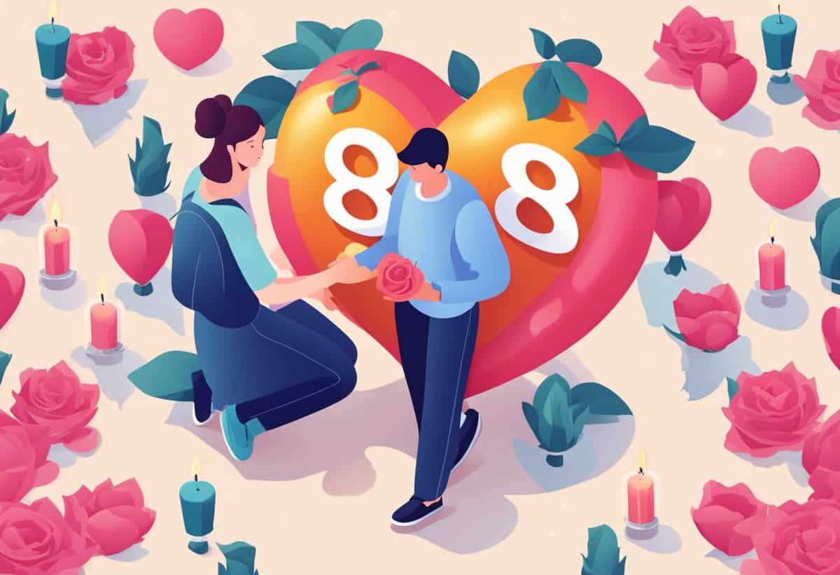 Two illustrated characters participating in a romantic gesture surrounded by roses and candles with a giant heart displaying the number 88 in the background.