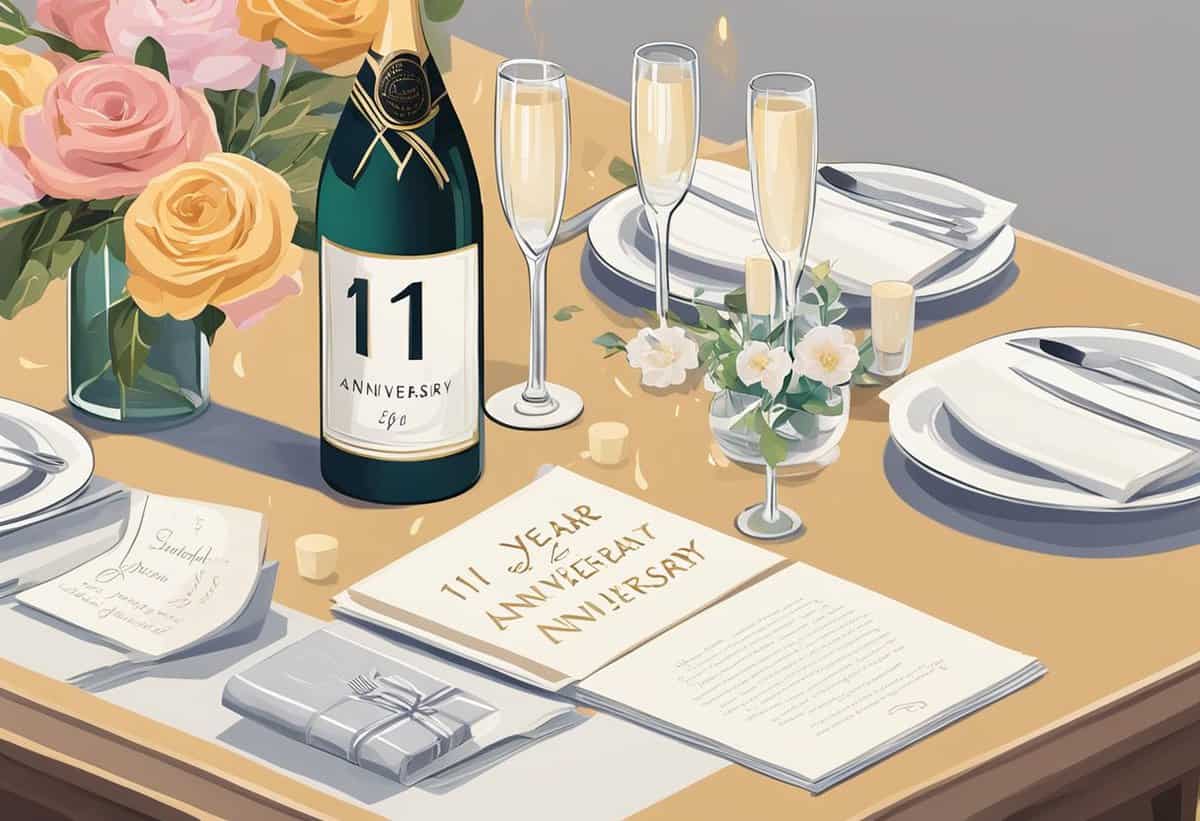 Elegant table setting celebrating an 11th anniversary with champagne, glasses, flowers, and a gift.