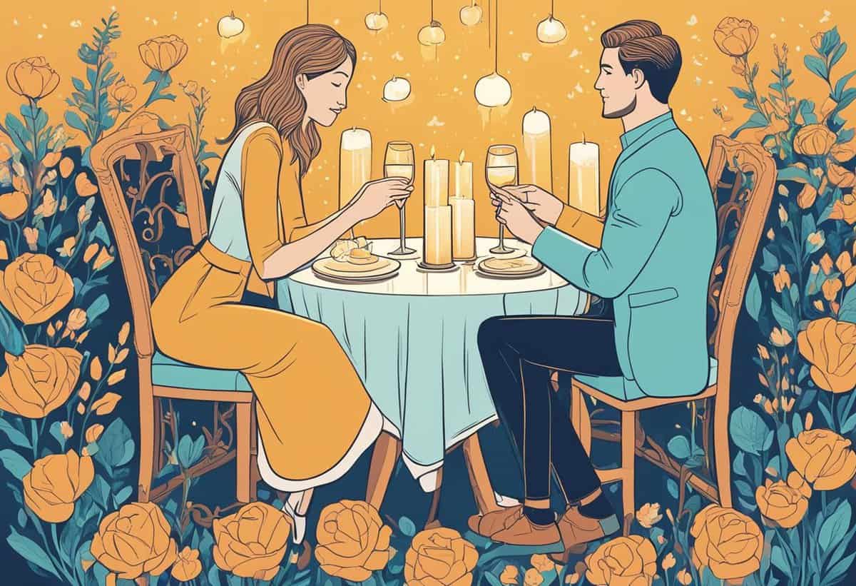 A couple enjoying a candlelit dinner amidst a stylized, floral setting.