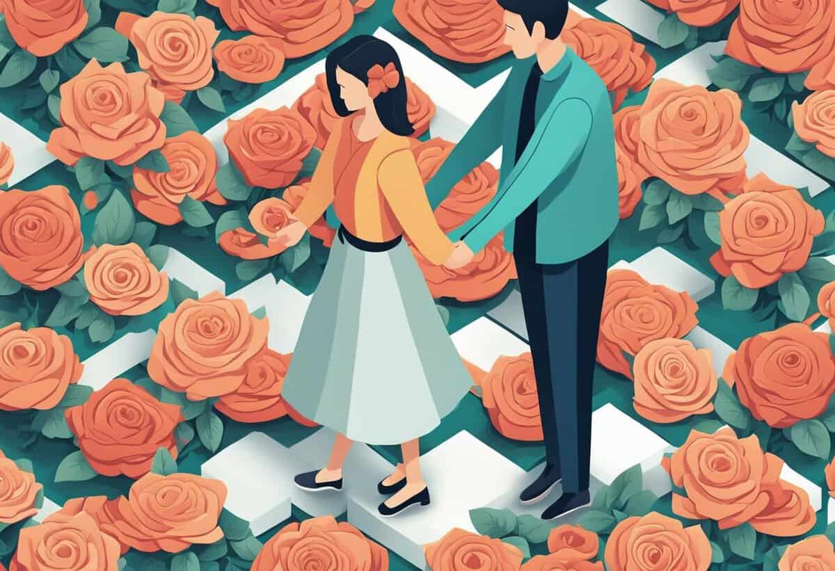 A stylized illustration of a man and woman holding hands and walking through a garden of oversized roses.