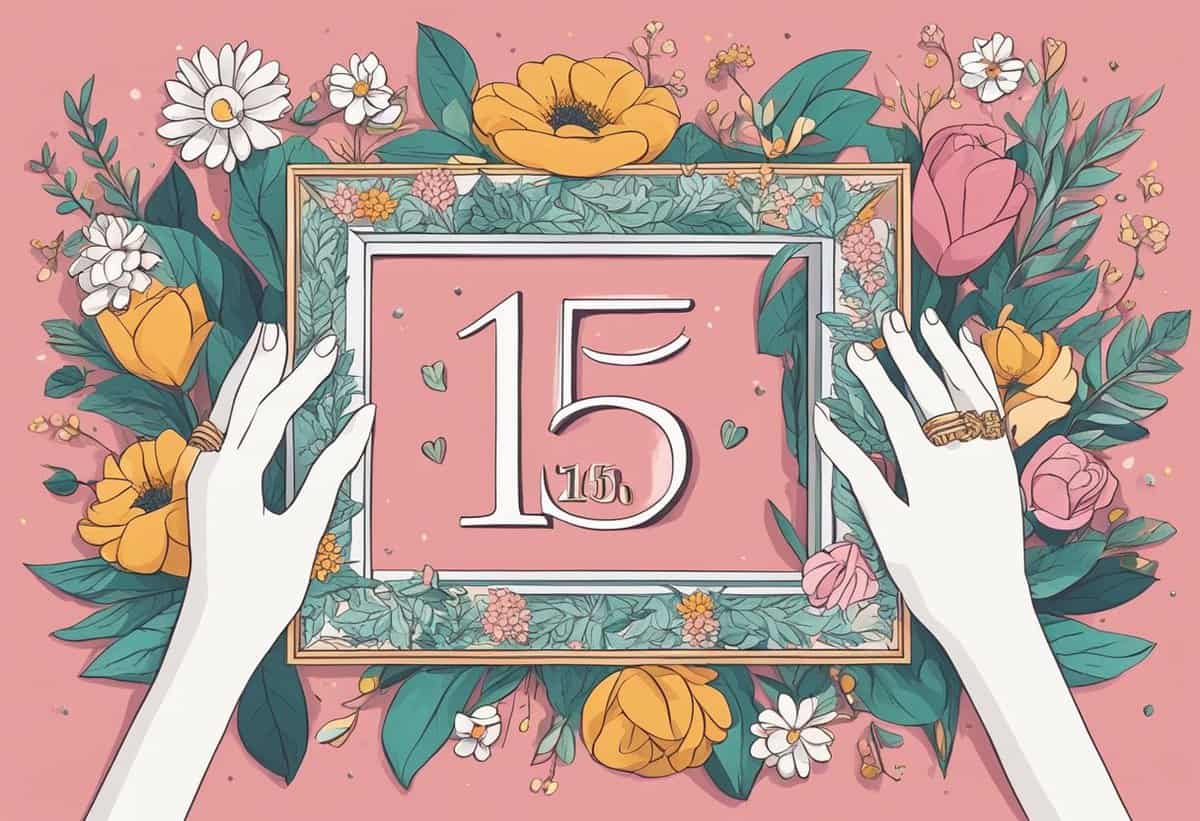 A pair of hands holding a decorative frame with the number 15 amidst a floral background.
