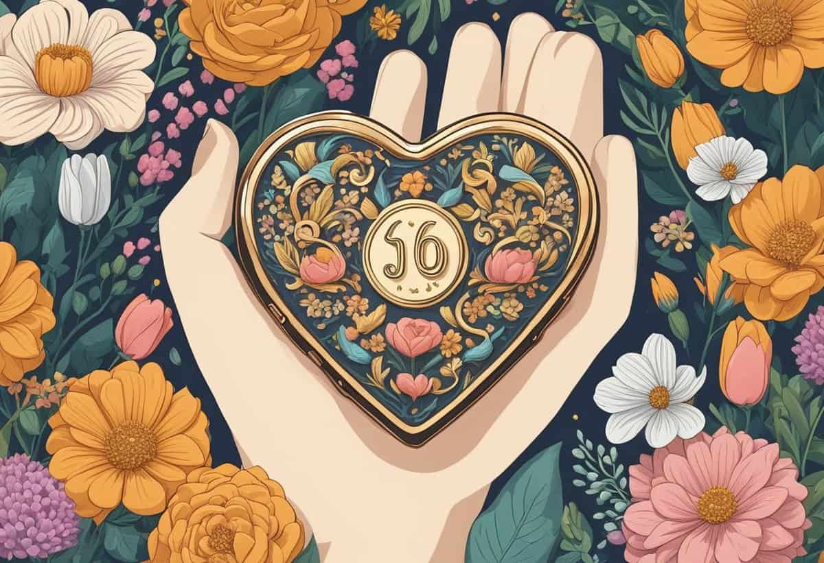 A hand holding an ornate heart-shaped locket amidst a floral background.