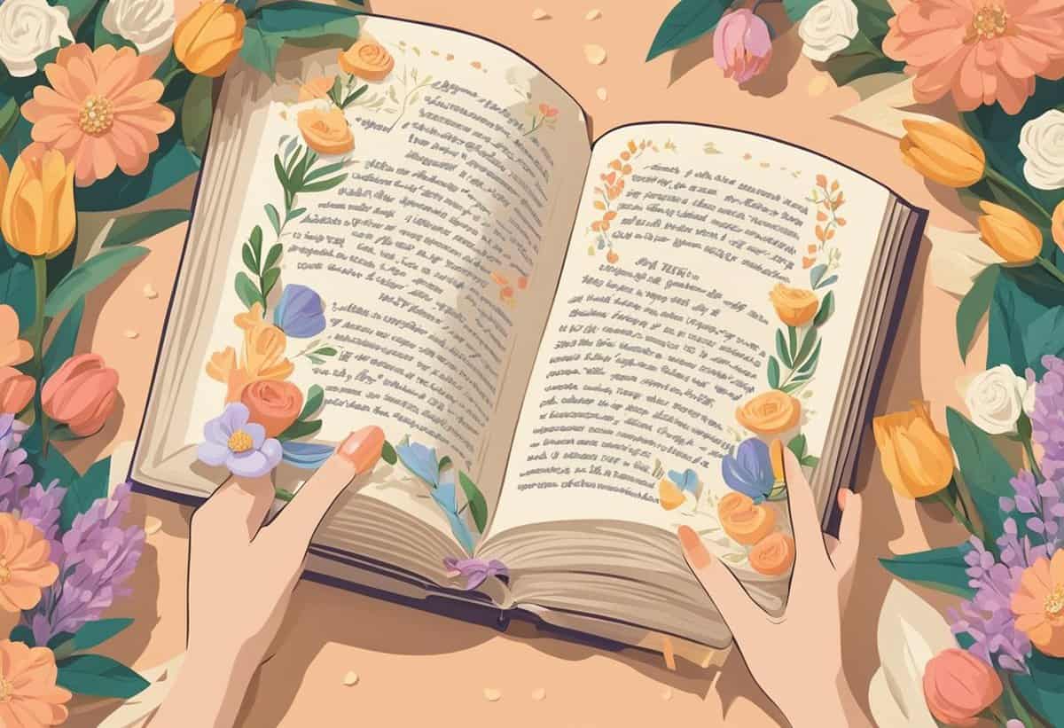 An open book surrounded by a variety of colorful flowers with a person's hands holding one of the pages.