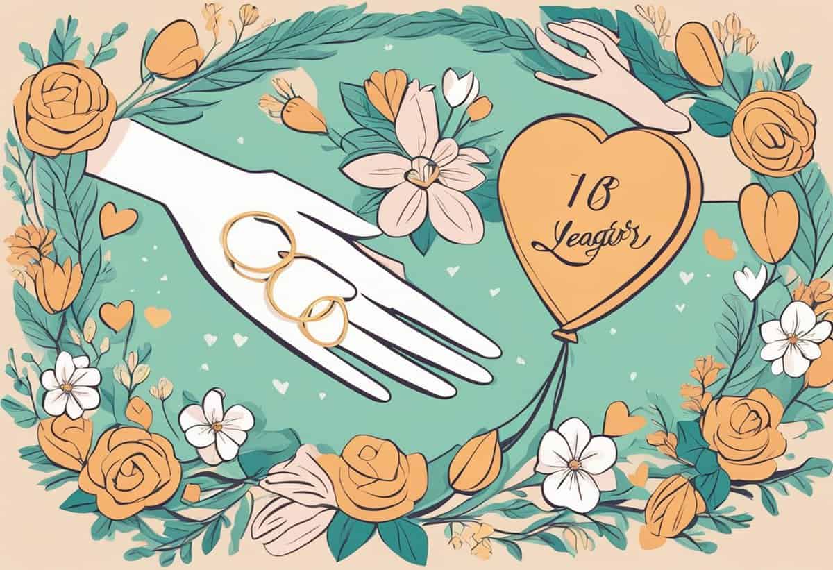 Illustration of a hand with wedding rings, surrounded by a floral wreath and a heart-shaped balloon with "18 years" written on it.
