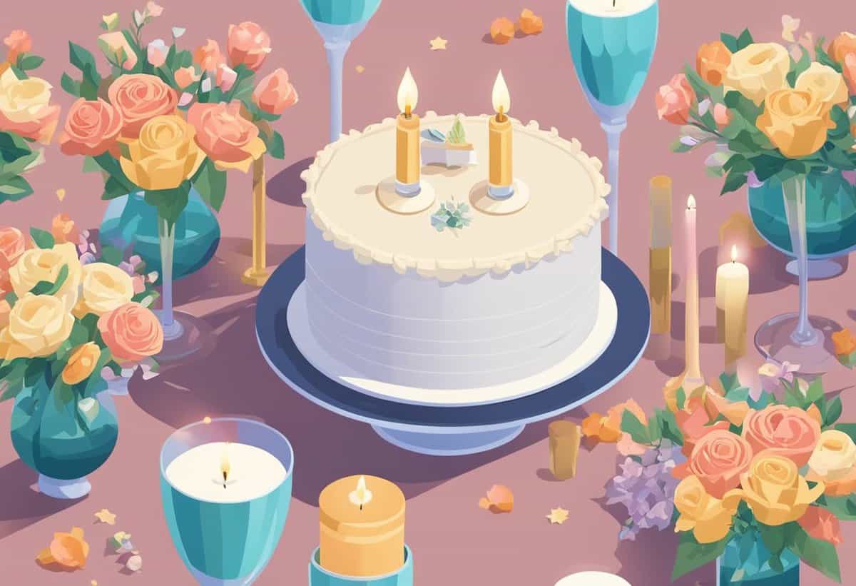 An illustrated celebratory scene featuring a cake with lit candles, surrounded by roses and candles, suggesting a festive or romantic occasion.
