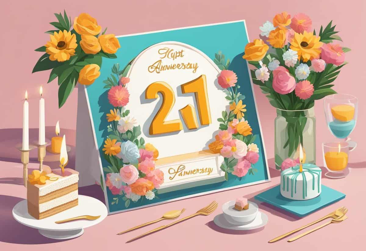 Festive illustration of a 21st anniversary celebration table with flowers, candles, cake, and a card.