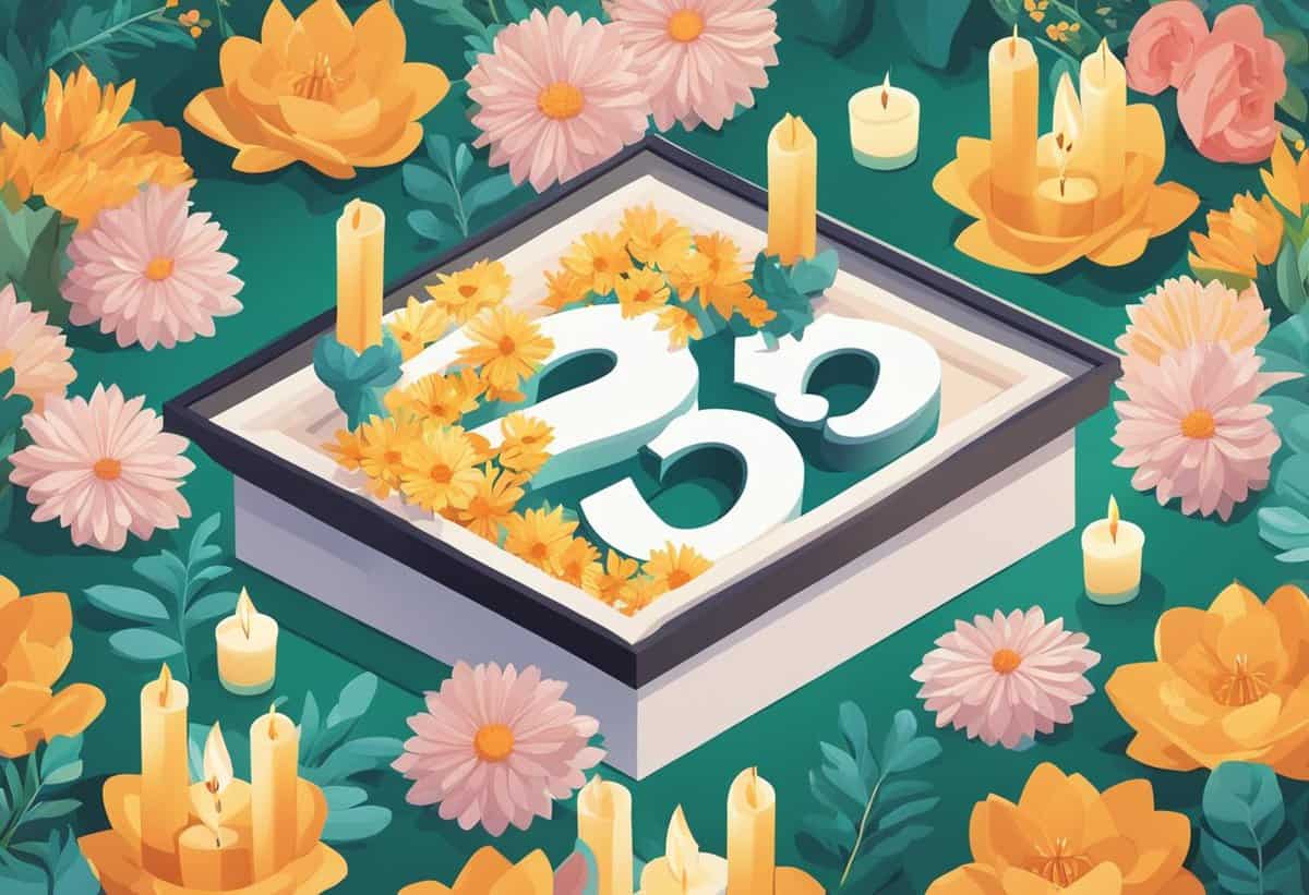 Illustration of a floral arrangement with the number 35 at the center, surrounded by candles and flowers.