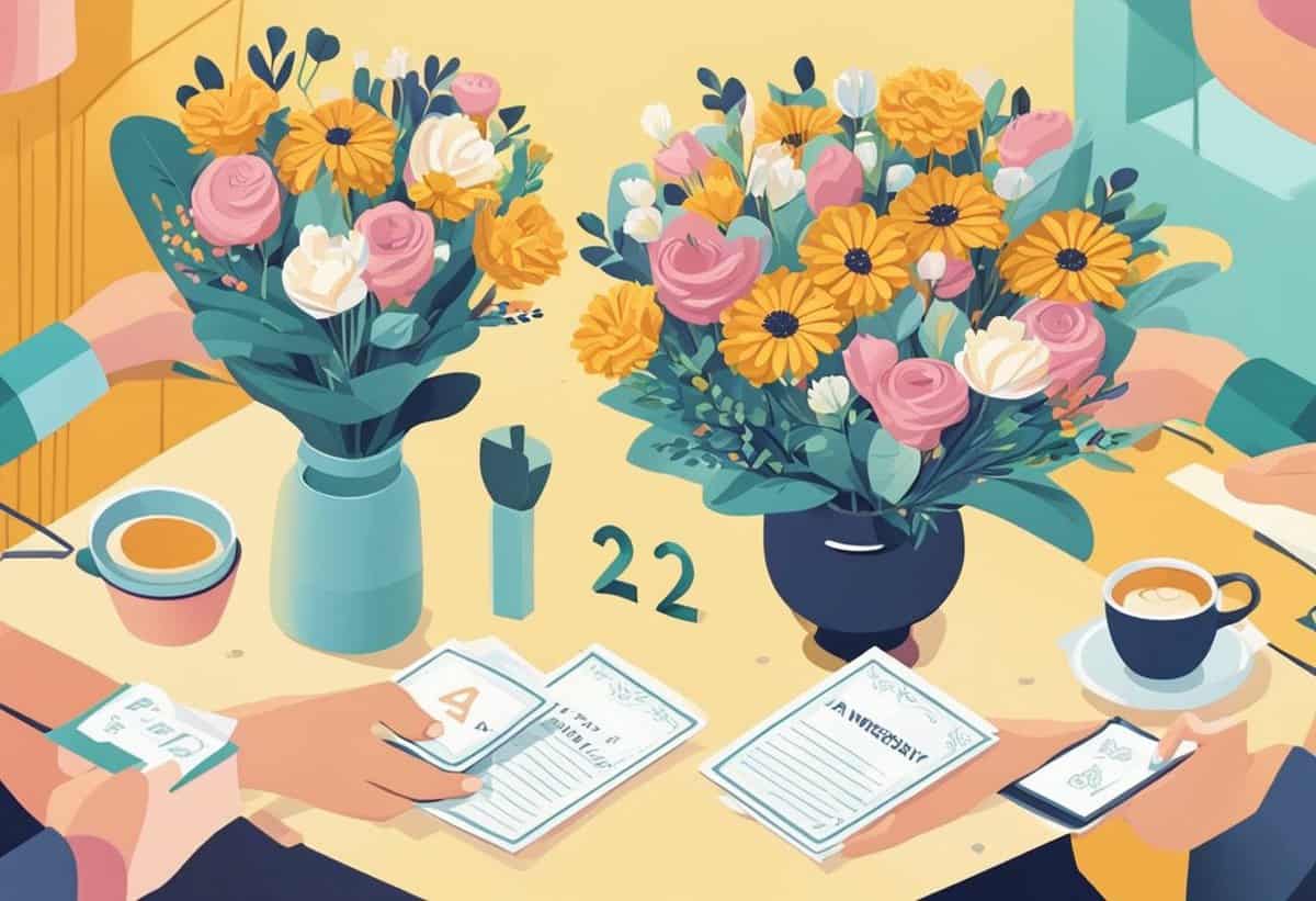 Two people arranging flowers on a table with cups of coffee and planners.