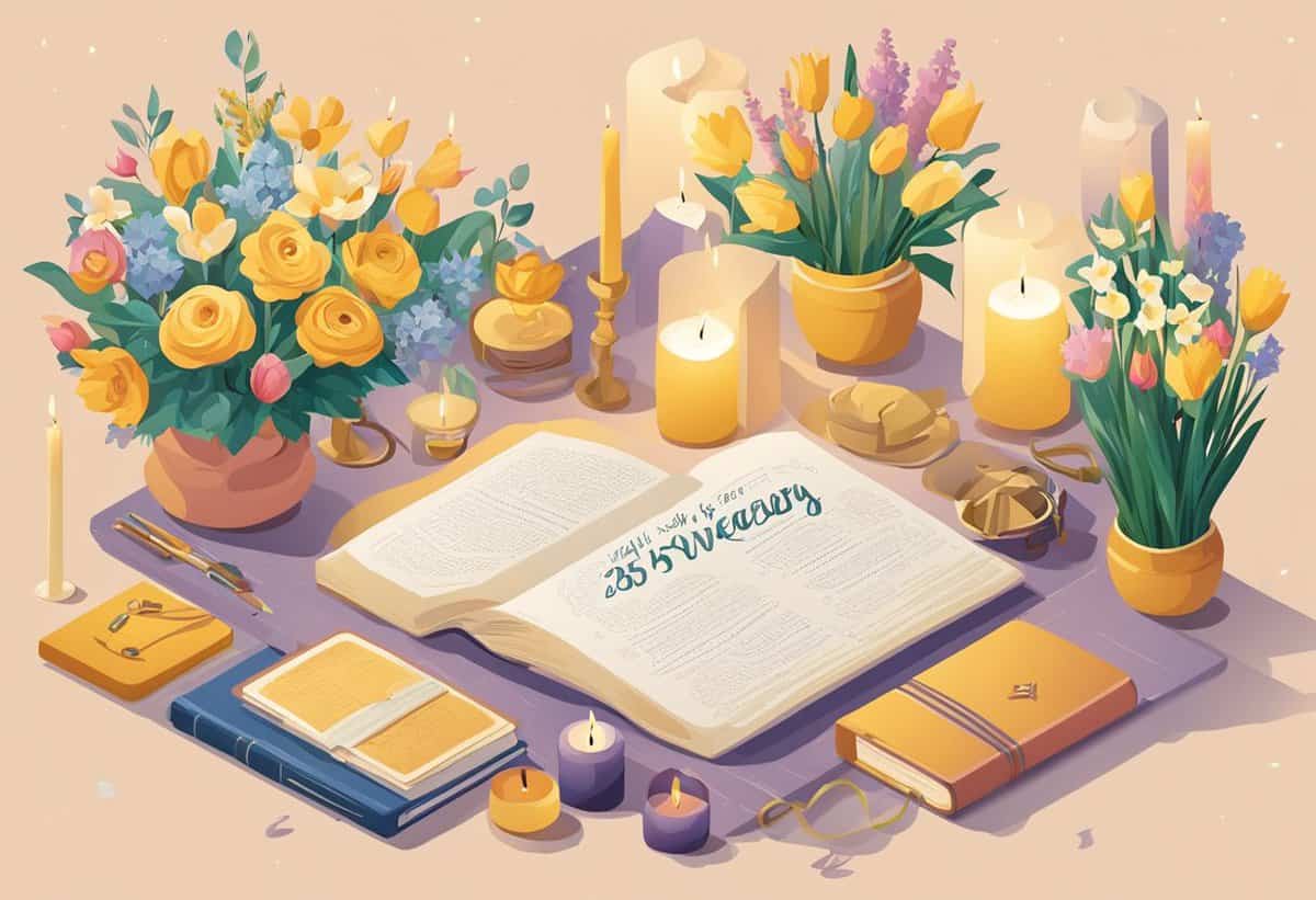 A serene still-life composition featuring an open book, journals, blooming flower arrangements, and lit candles.