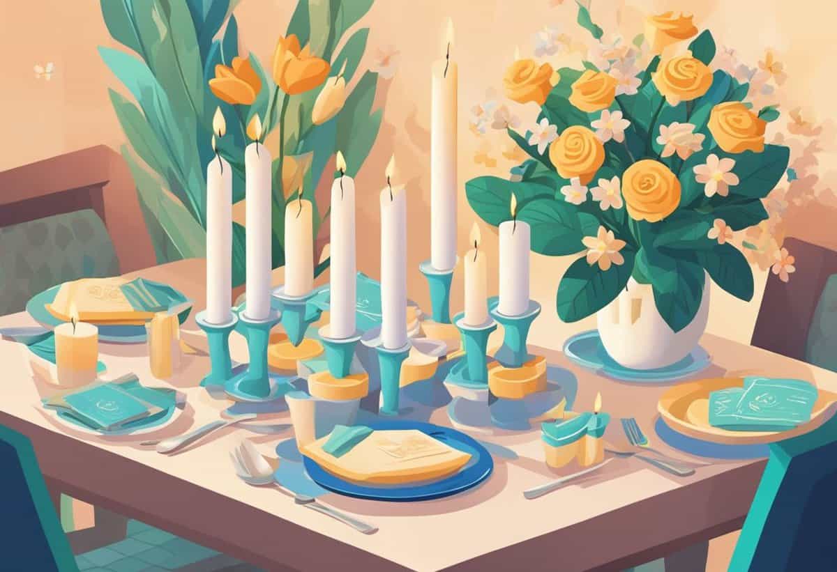 Elegant dining table set with candles, flowers, and color-coordinated tableware.