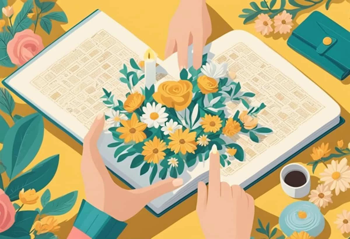 A person's hands arranging flowers on an open book with other objects around on a yellow background.