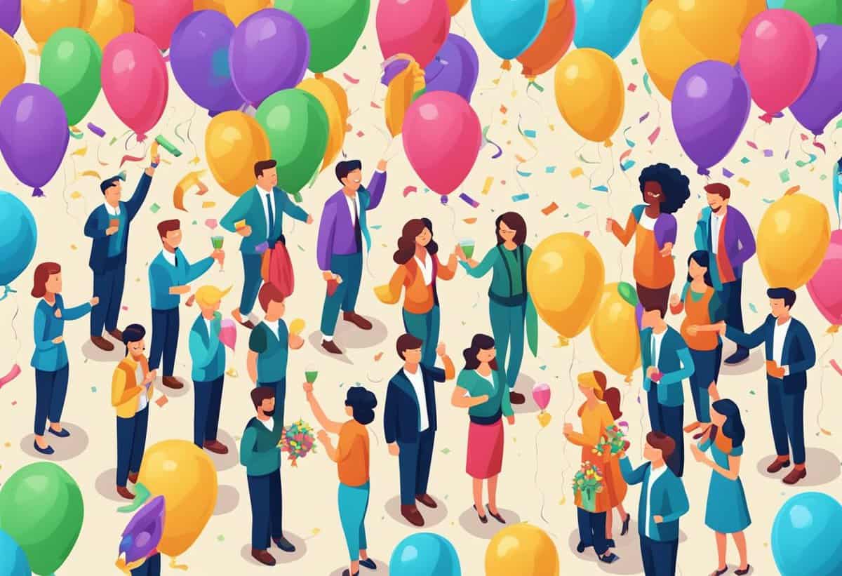 A colorful illustration of a diverse group of people celebrating with balloons and confetti.