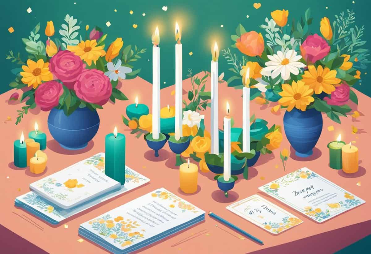 A festive and colorful illustration of a celebration setup with flowers, lit candles, and invitation cards.