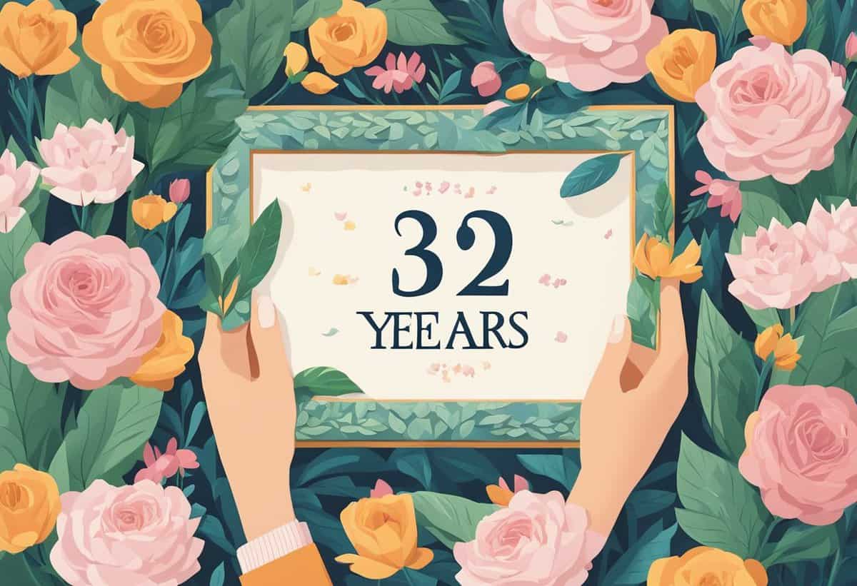 Hands holding a sign with "32 years" amidst a floral background.