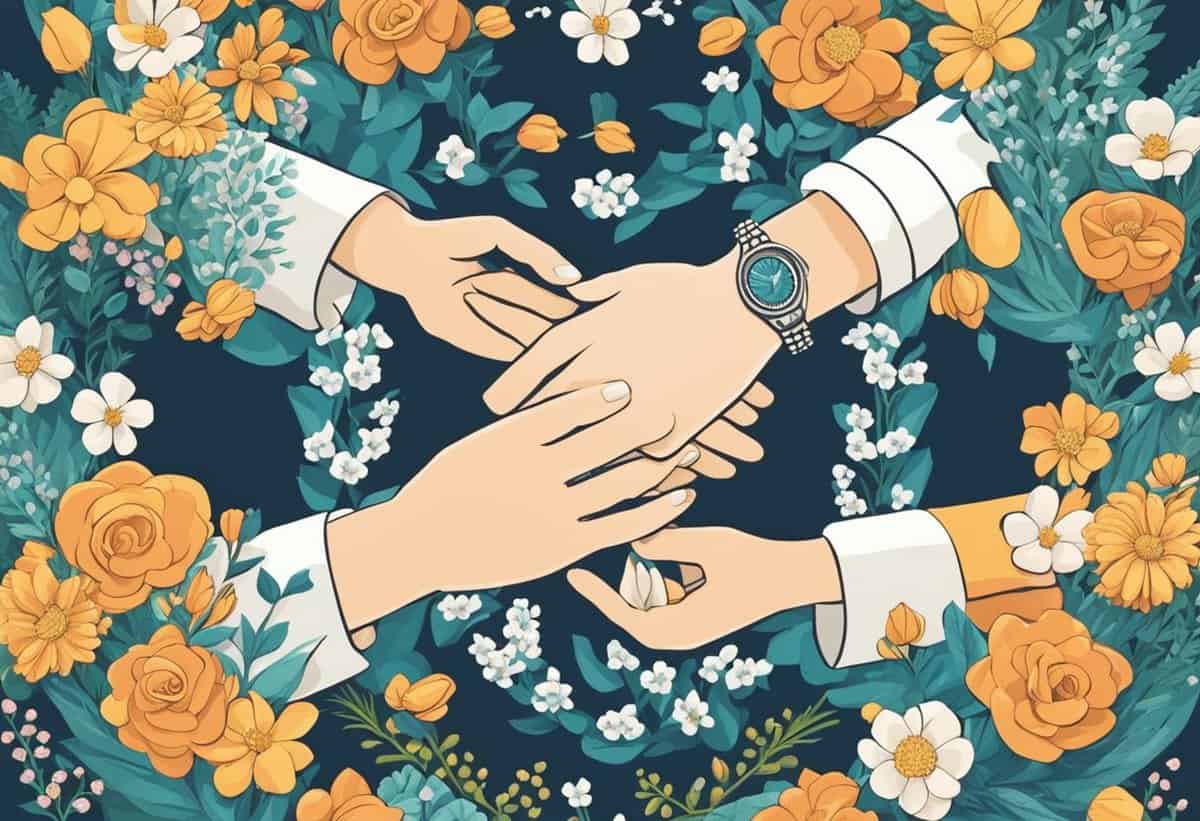 Two hands in a handshake against a floral background.