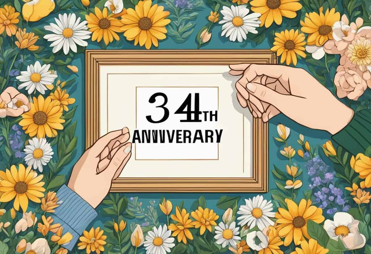 Two hands holding a frame that reads "34th anniversary" against a floral background.