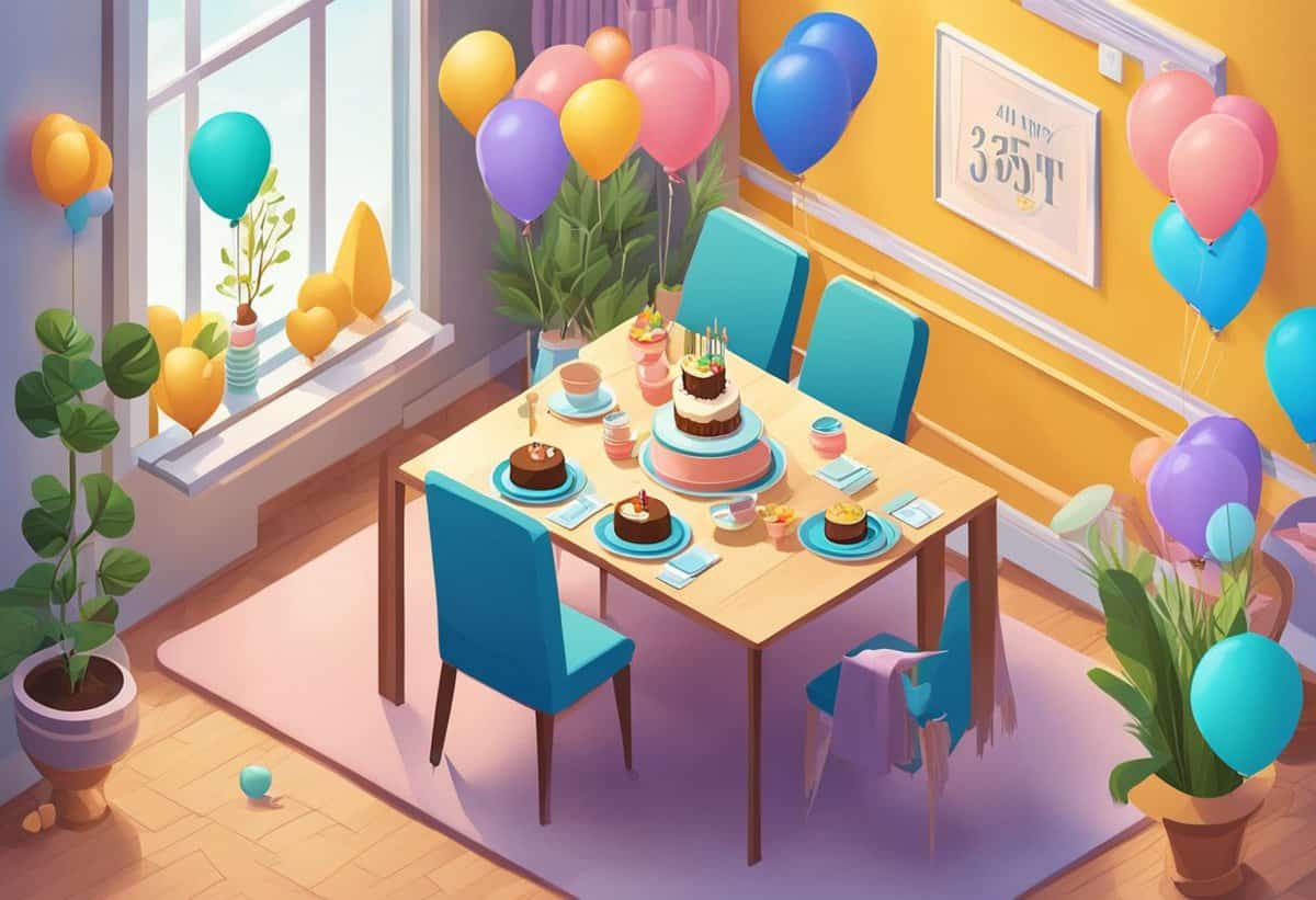 A brightly lit room decorated with balloons and a festive table set for a birthday celebration.