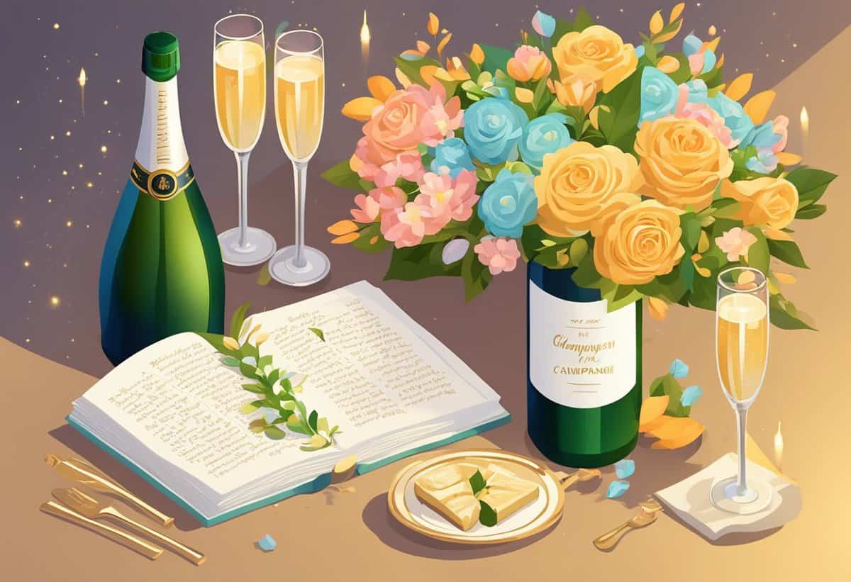 Elegant still life illustration featuring a celebration theme with champagne, flutes, a bouquet of flowers, an open book, writing utensils, a lit candle, and a plate with cheese.