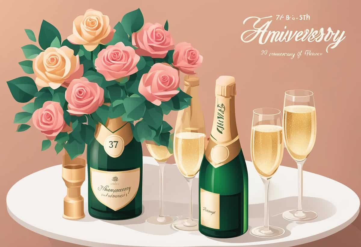 Elegant anniversary celebration setup with a bouquet of pink roses, two champagne glasses, and a bottle of champagne on a white table.
