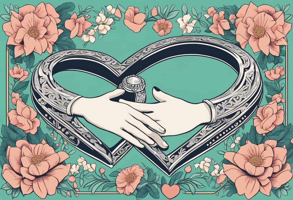 Illustration of hands wearing a ring, framed by a heart and surrounded by flowers.
