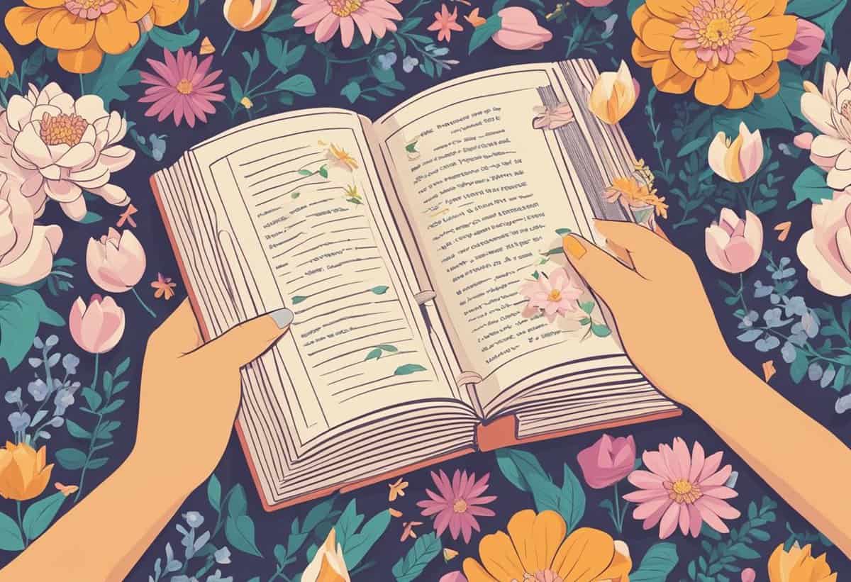 Illustration of a person reading a book surrounded by colorful flowers.