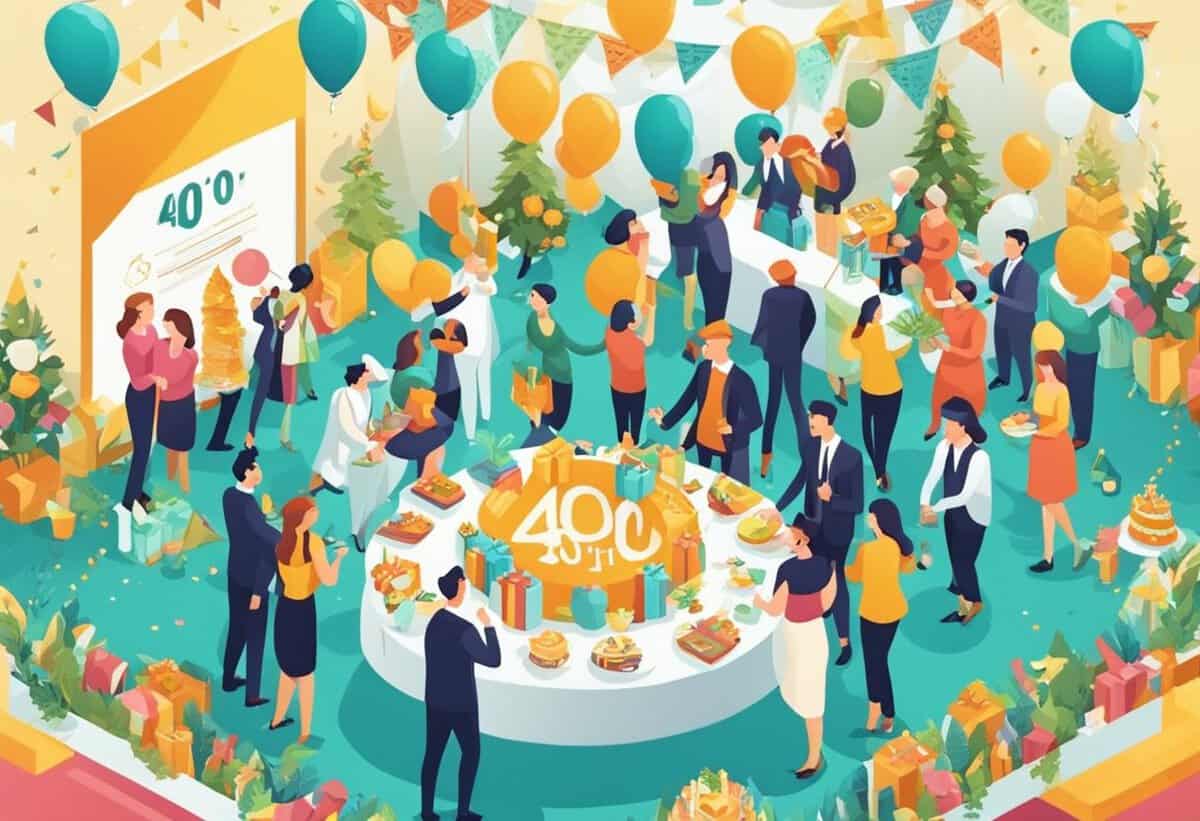Illustration of a vibrant and colorful celebration with guests mingling, balloons, and a large centerpiece cake marking a 40th anniversary or milestone.