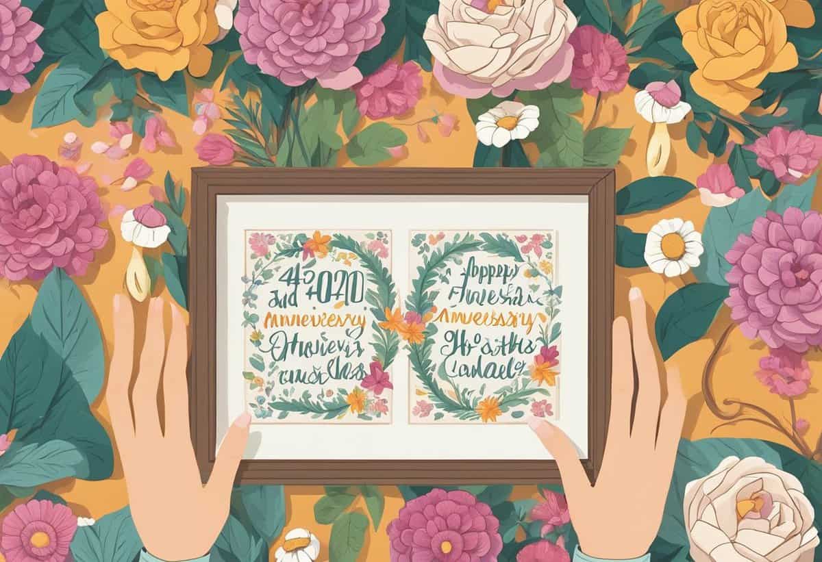 Hands holding a framed embroidery celebrating a 40th anniversary, surrounded by an array of colorful flowers.