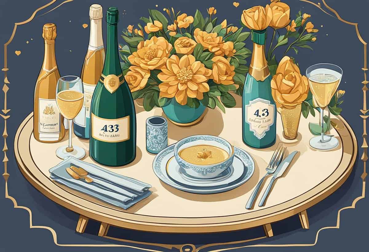 A celebratory table setting featuring champagne, floral centerpiece, and elegant dishware with a blue and gold color scheme.